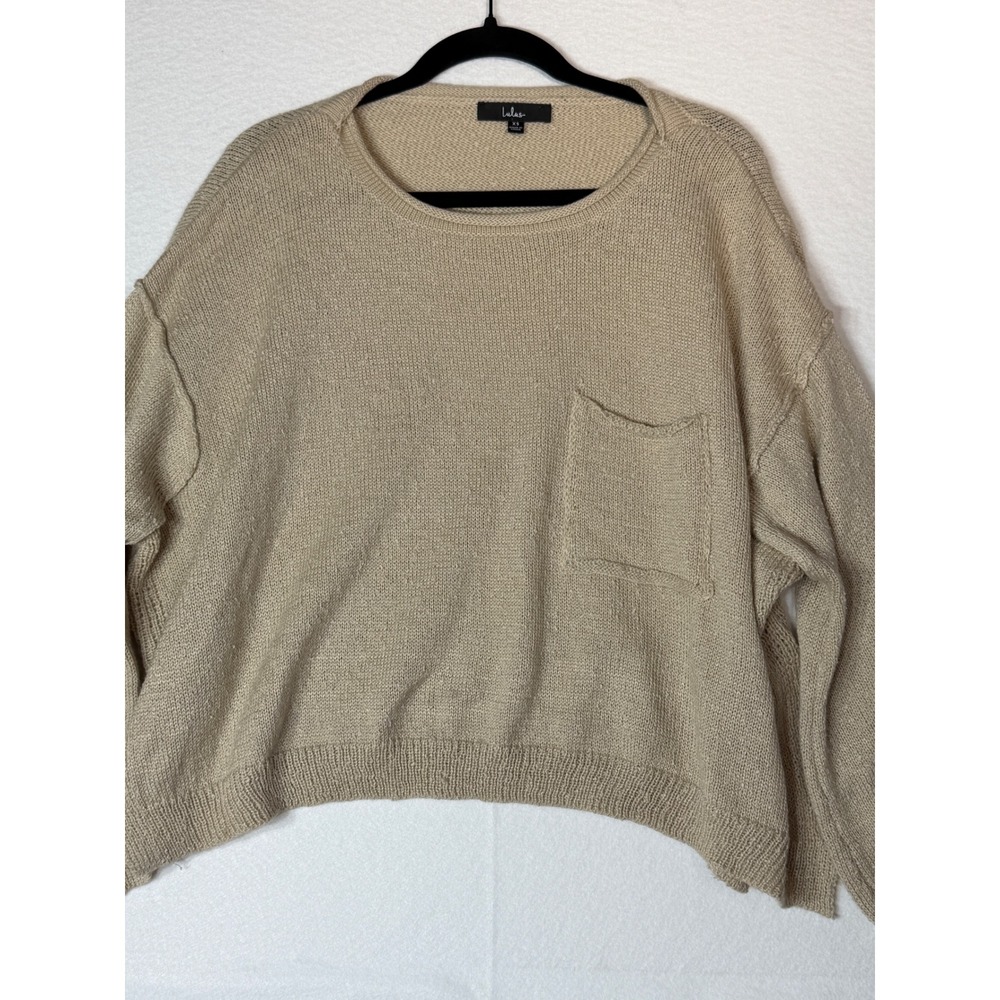 Lulus Tan Knit Crew Neck Long Sleeve Sweater Top Women's XS Pocket Detail
